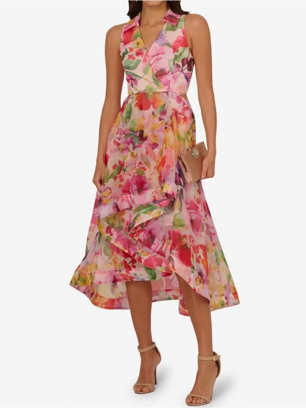 Adrianna Papell Floral Watercolor High-Low Dress in Pink, Red, Yellow, Green